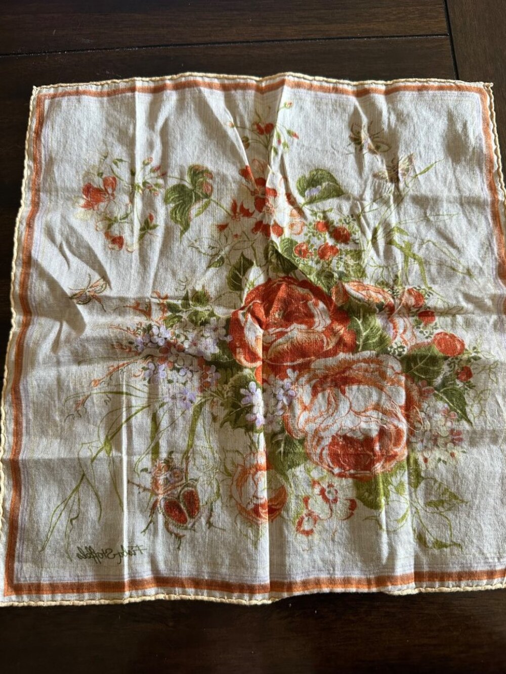 Vintage Flora Stoffels Handkerchief With Orange Roses & Bugs Print - Picture 8 of 16